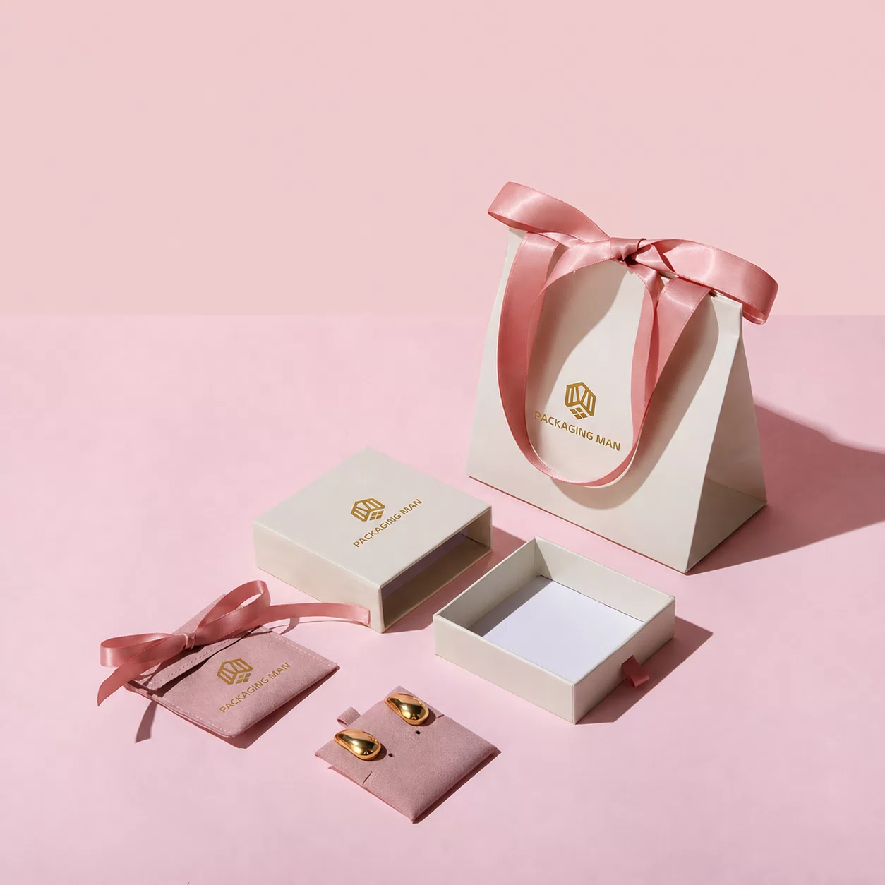 Beige Gift Box Set with Pink Ribbon