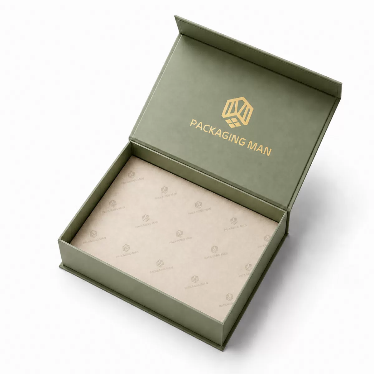 Olive green rigid gift box with patterned tray