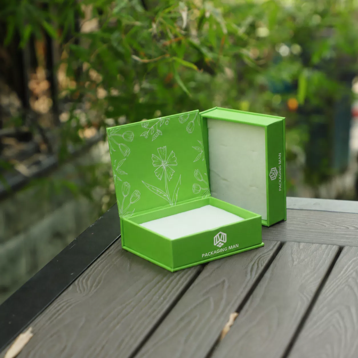 Open green gift box packaging set