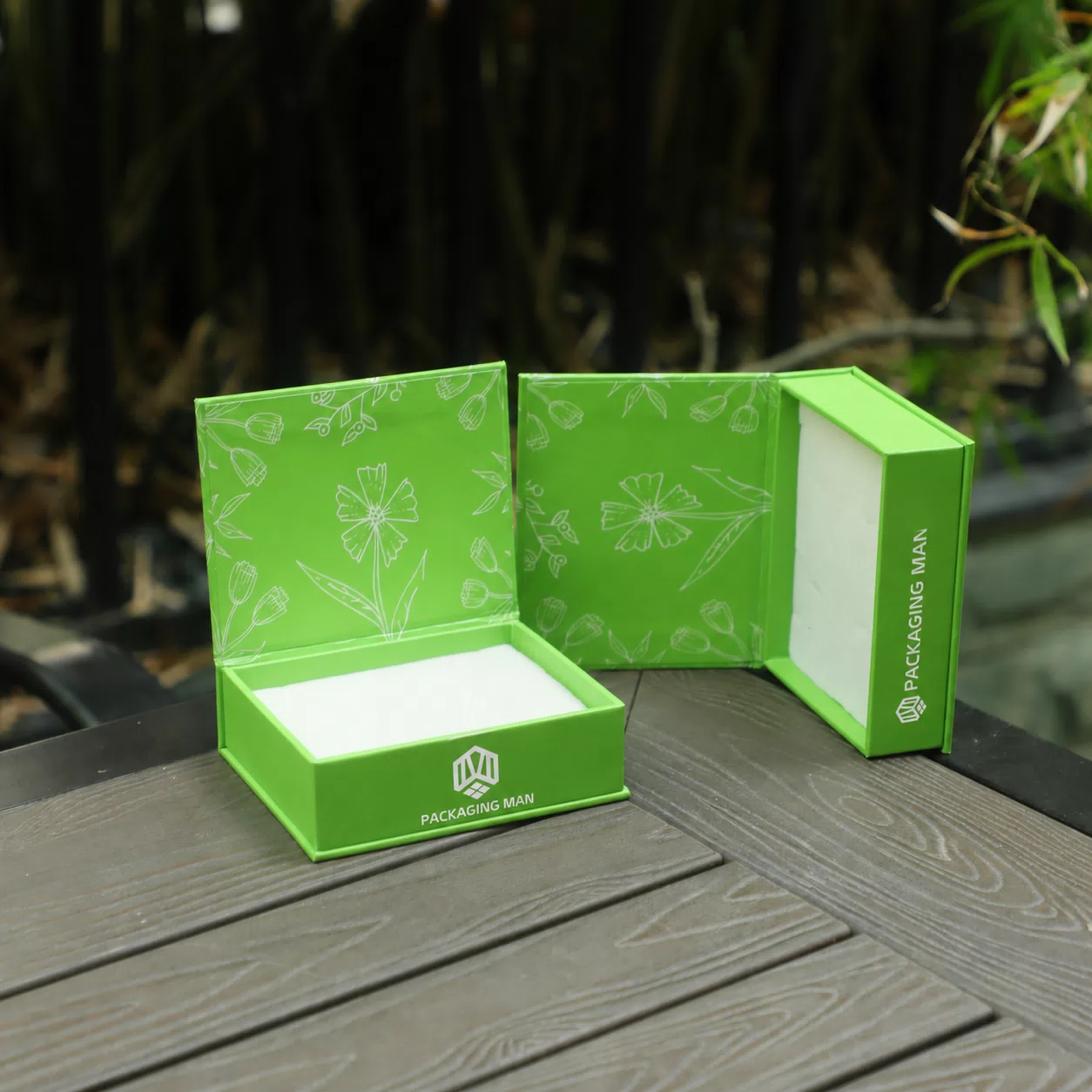 Green floral rigid box with white insert
