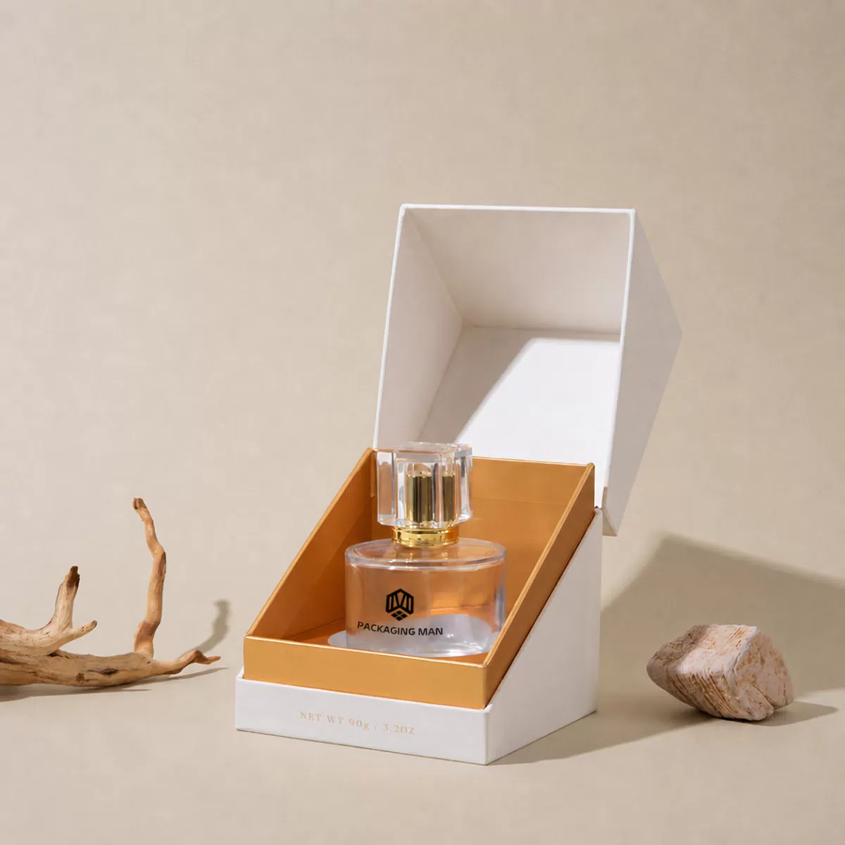 Open white box with bottle inside