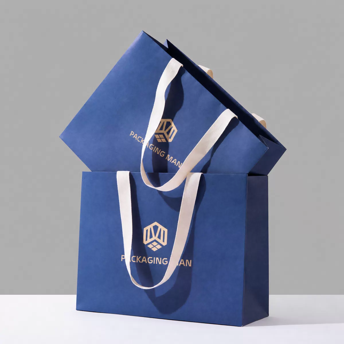 Blue paper gift bag with white handles