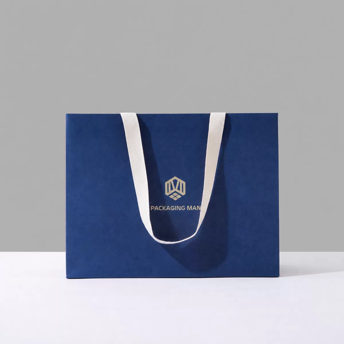Front view of blue custom paper bag