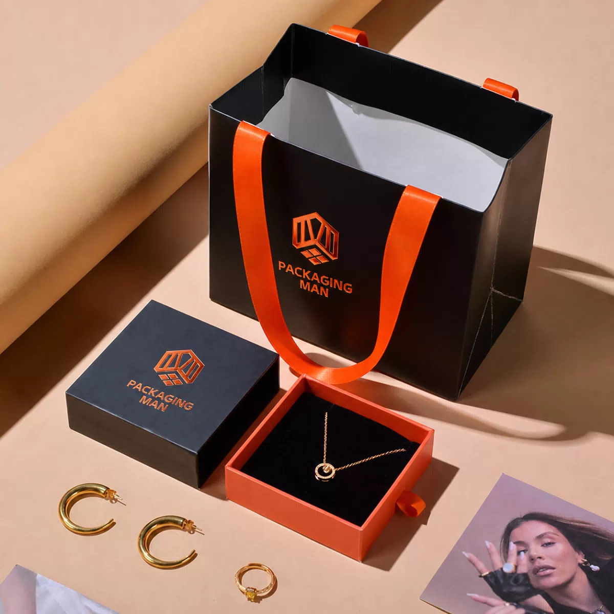 Custom Black and Orange Gift Box Packaging Set