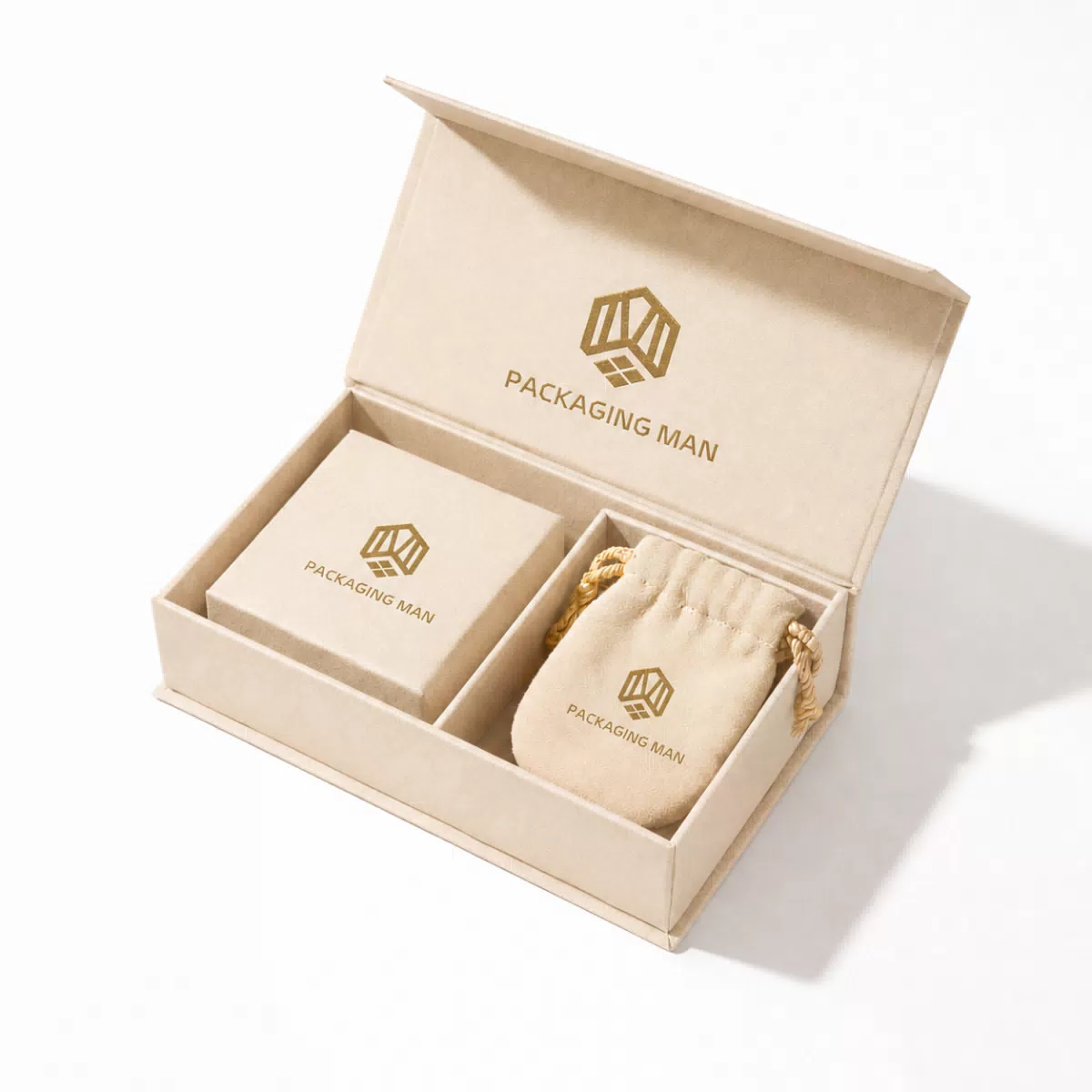 Beige rigid gift box with pouch