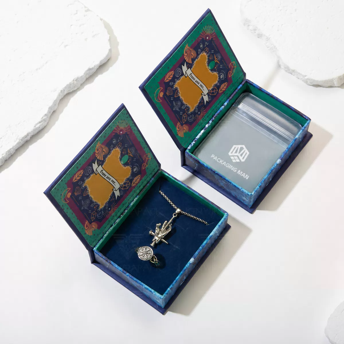Open blue gift box with jewelry inside