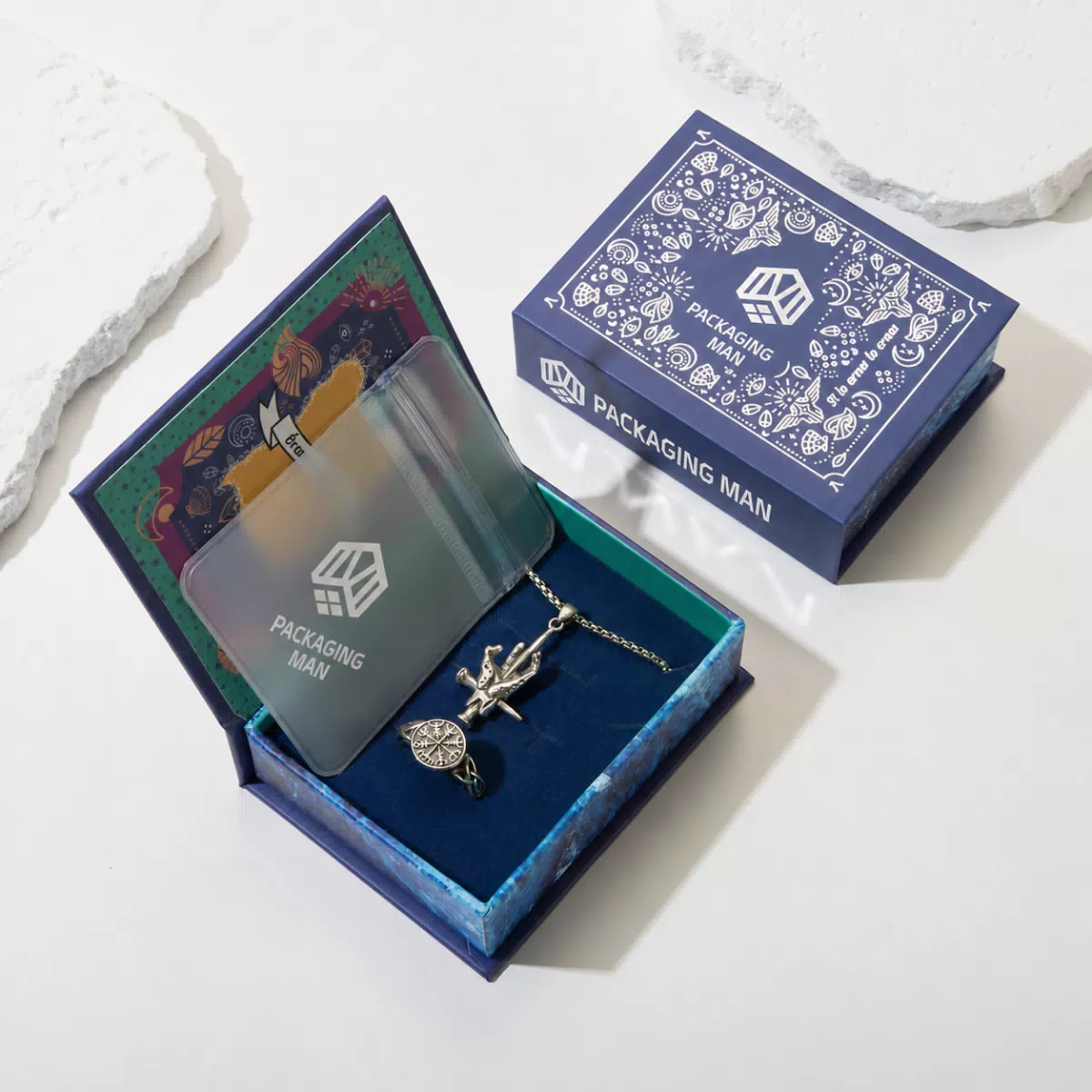 Blue packaging box with inner tray