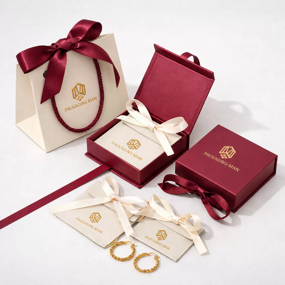 Burgundy rigid gift box and paper bag set