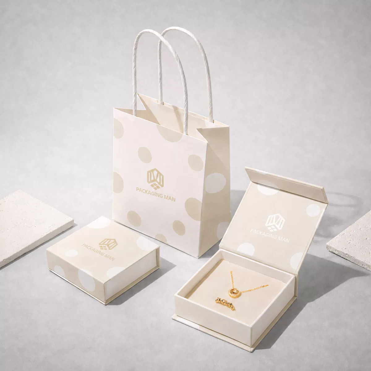 Beige polka dot paper bag and gift box set