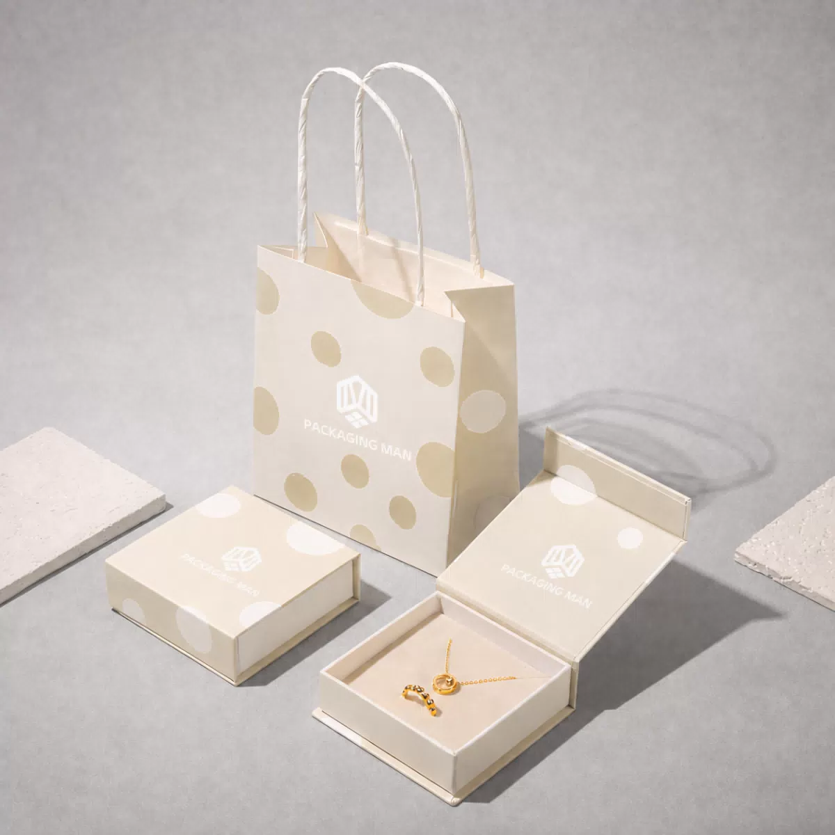 Beige polka dot packaging set with paper bag