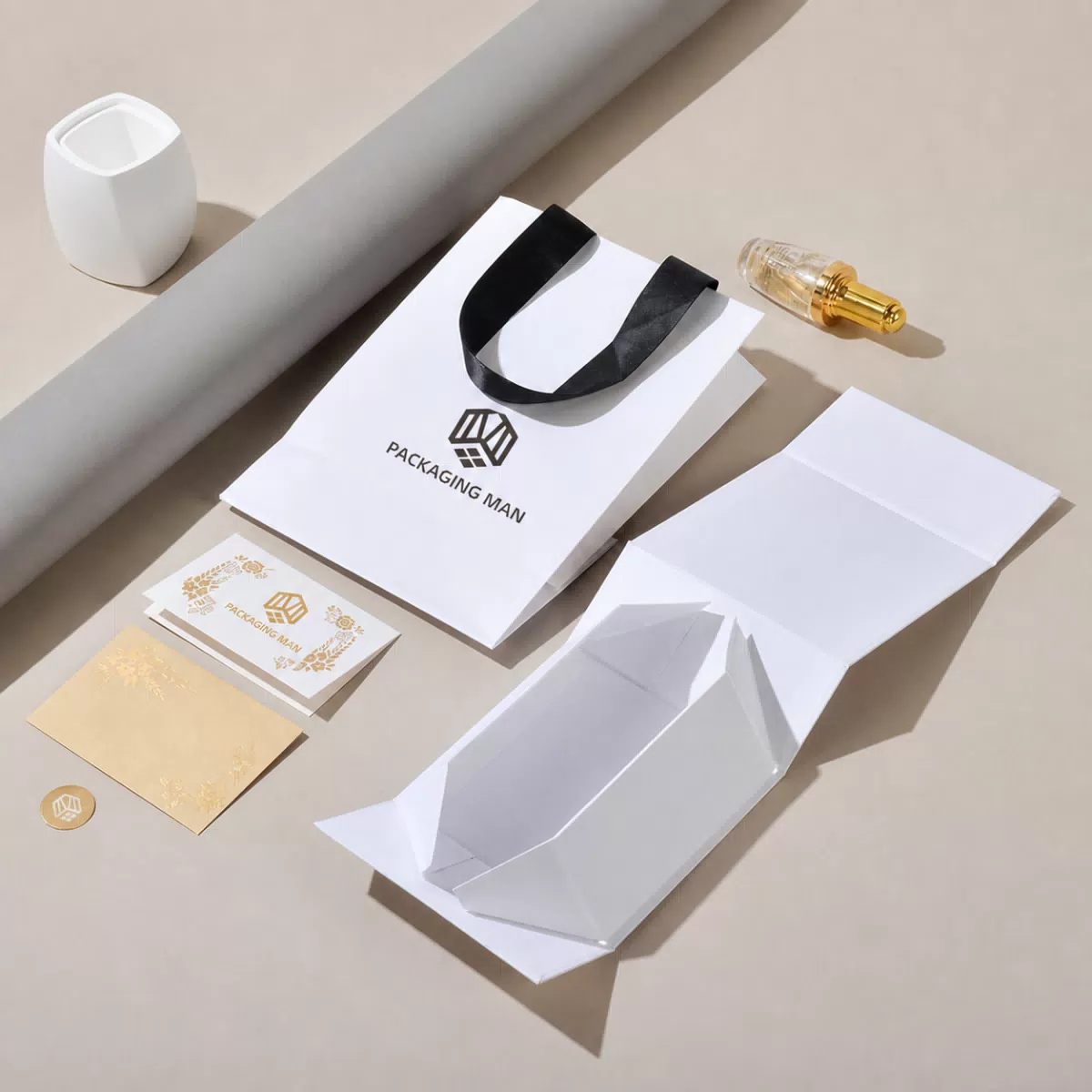 Open white gift box and paper bag layout