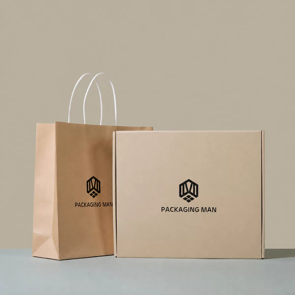 Closed kraft gift box and paper bag