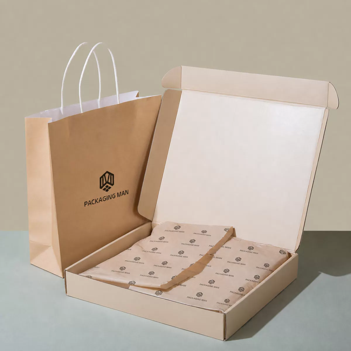 Open kraft box with tissue paper inside