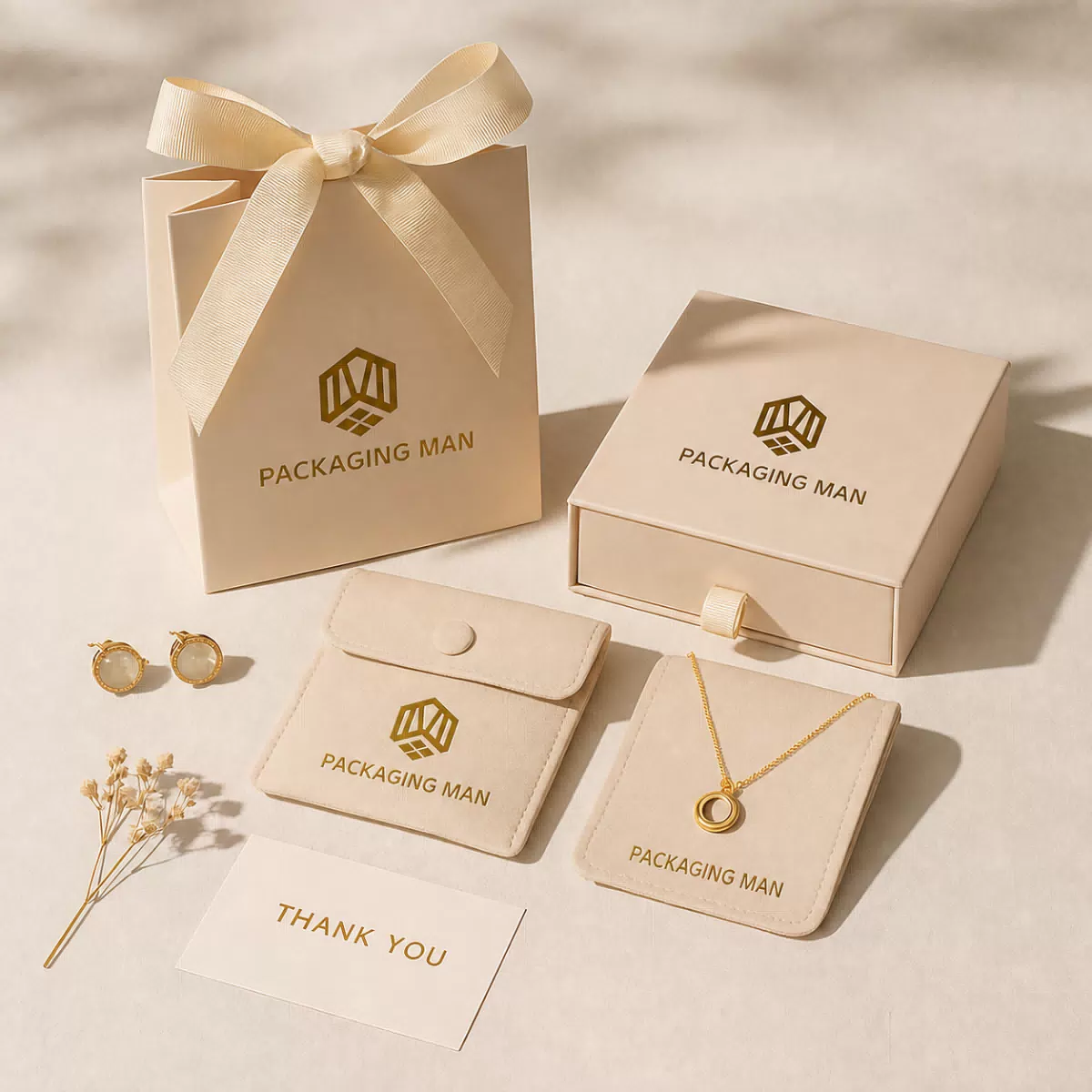 Beige drawer gift box and paper bag set