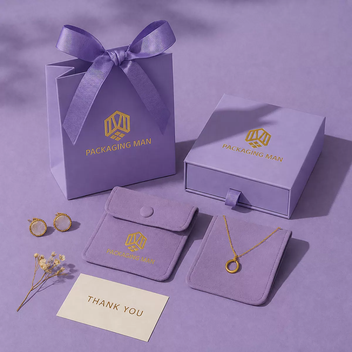 Purple drawer gift box and paper bag set