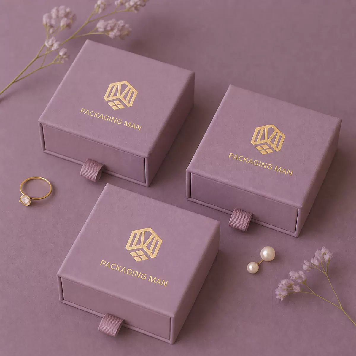 Mauve rigid drawer boxes with gold logo
