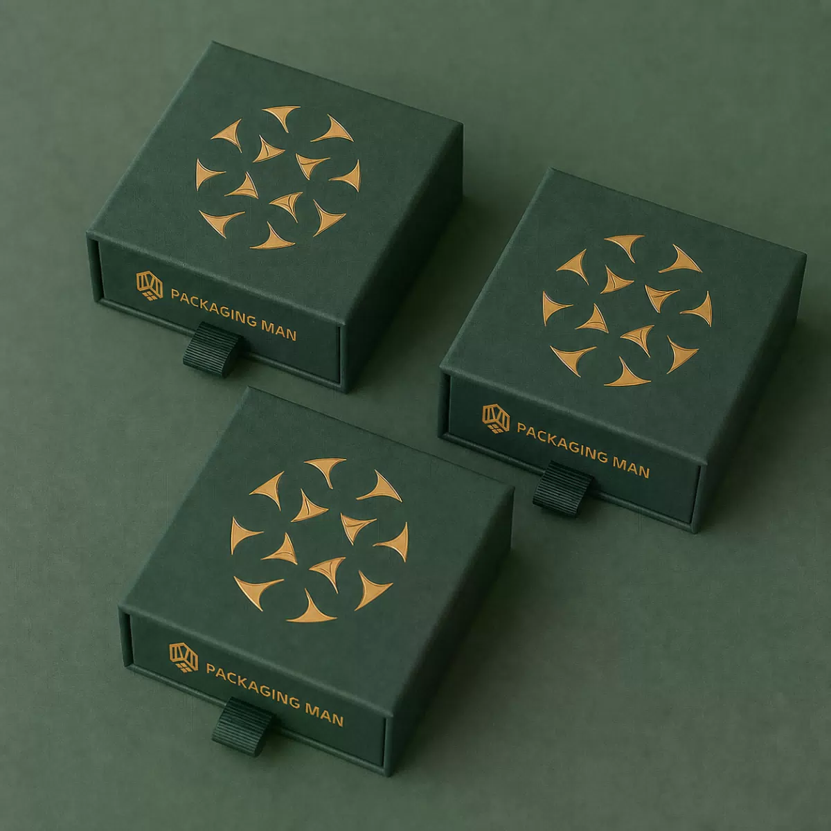 Dark green drawer boxes with geometric pattern
