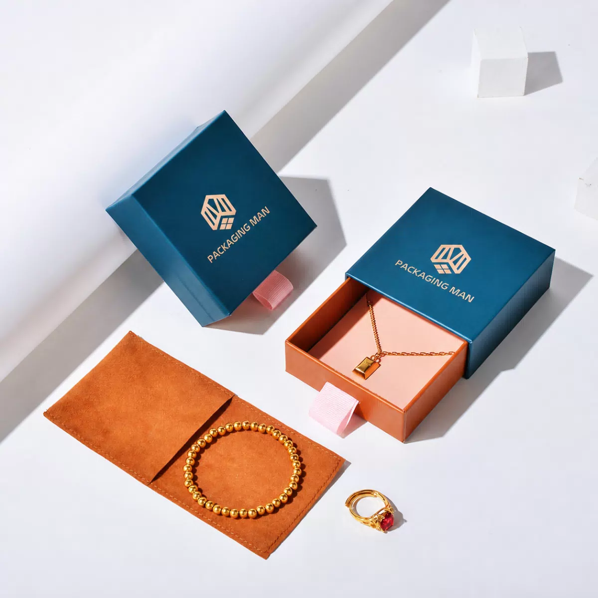 Teal rigid drawer box packaging set
