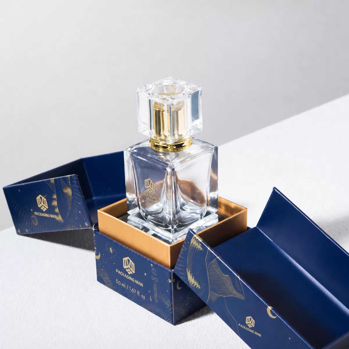 Dark blue rigid gift box with gold interior