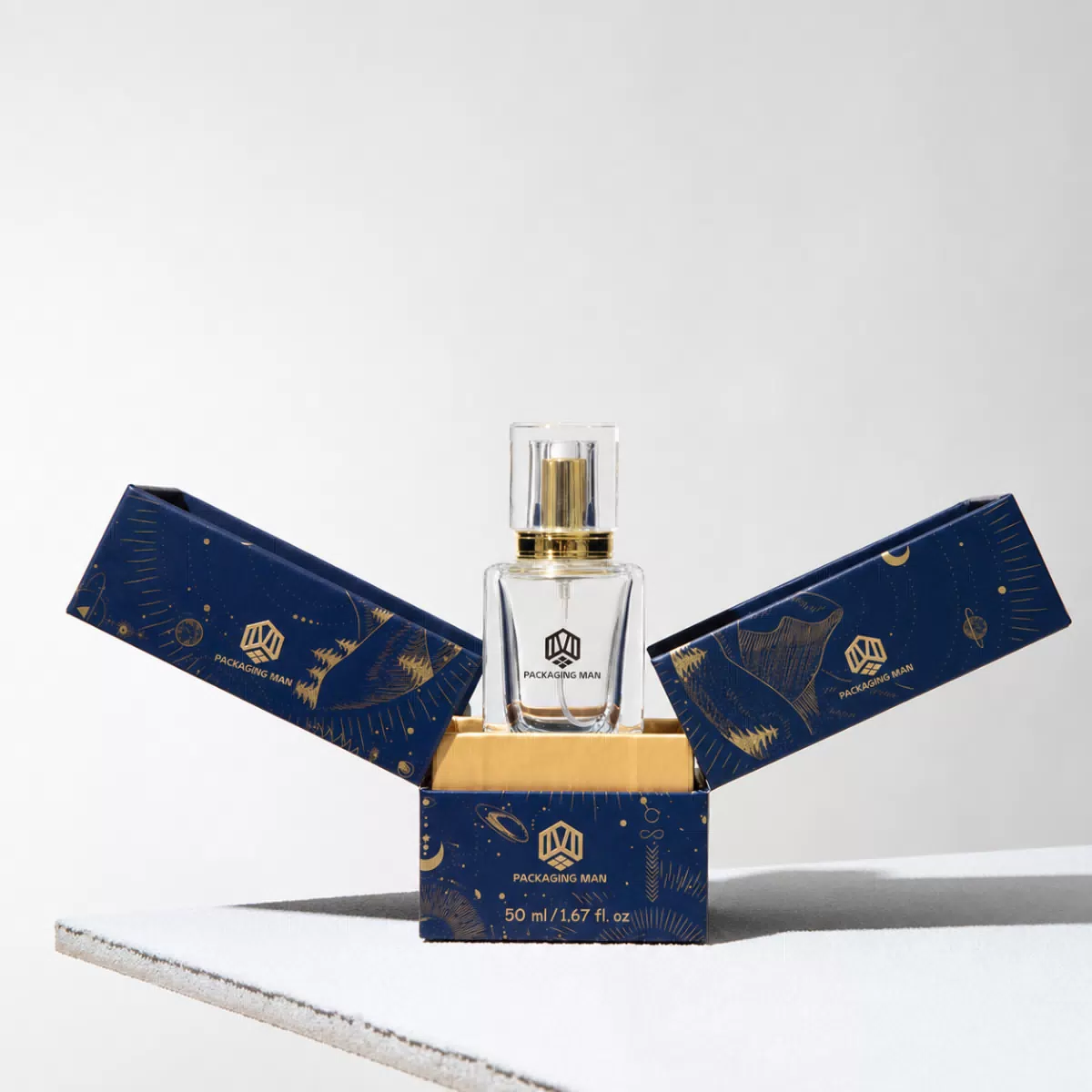 Open blue rigid box with gold inner tray