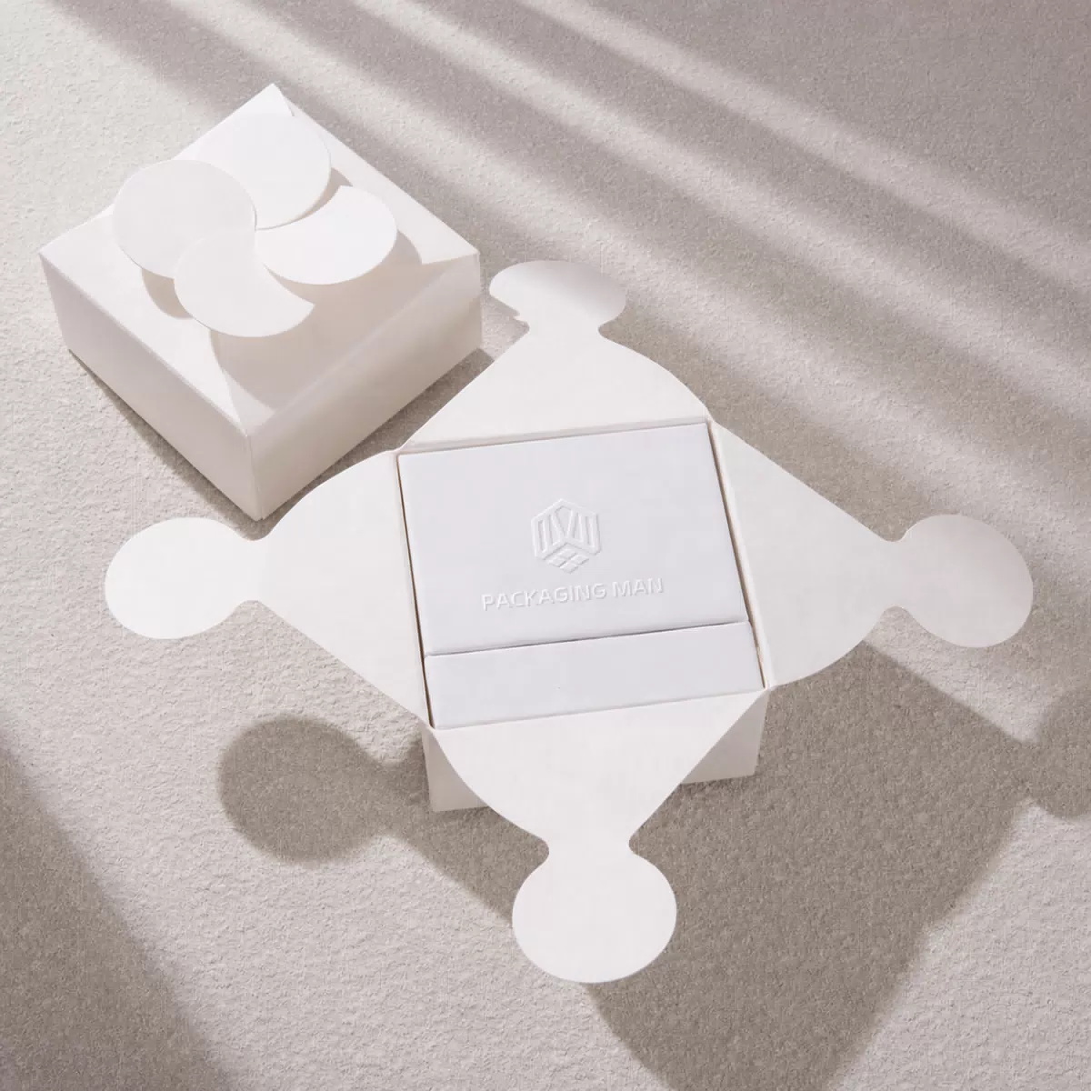Unfolded white paper packaging structure detail