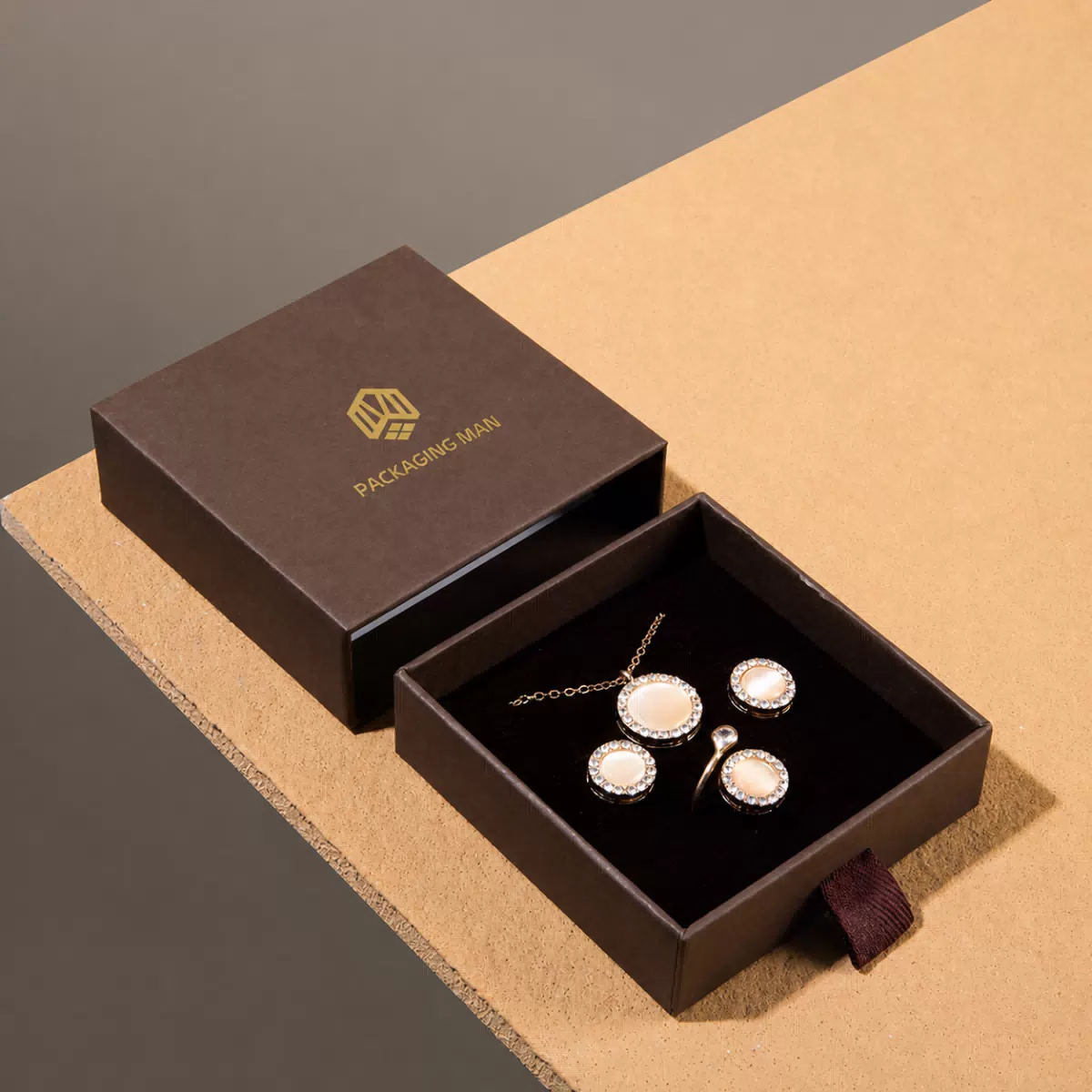 Dark brown drawer gift box with jewelry
