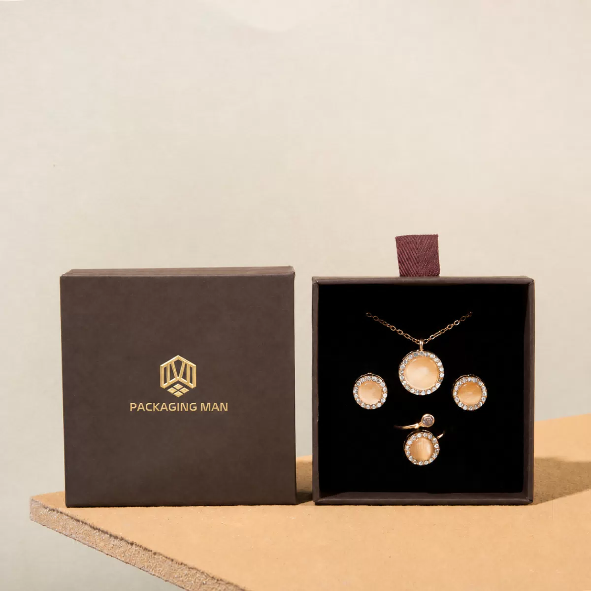 Dark brown box lid and open drawer tray