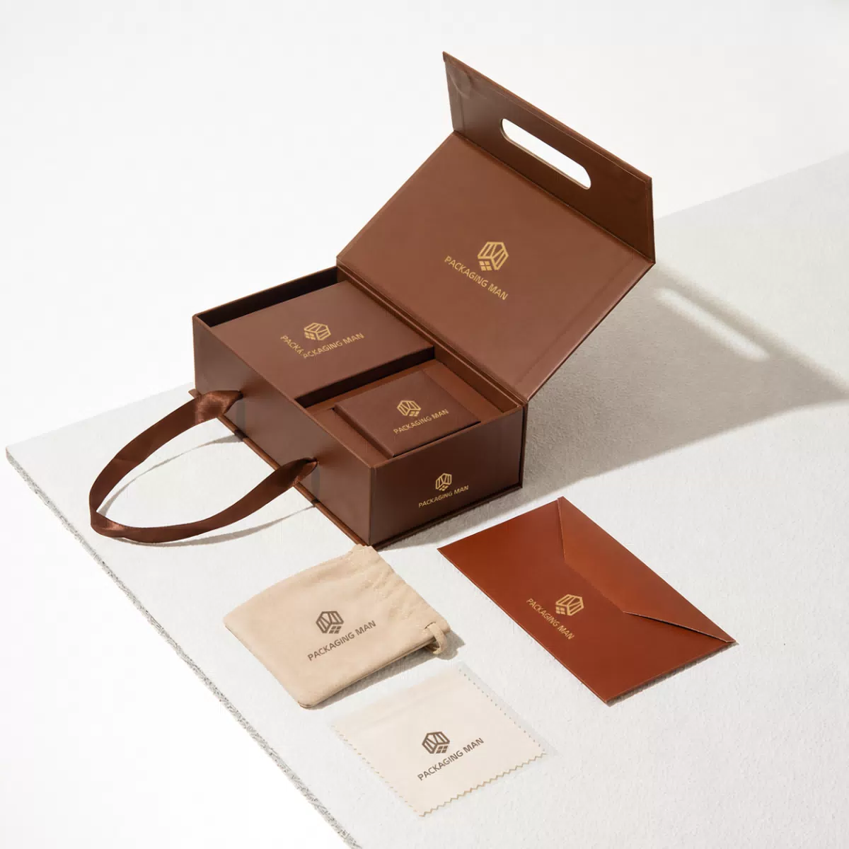 Open brown gift box with handle