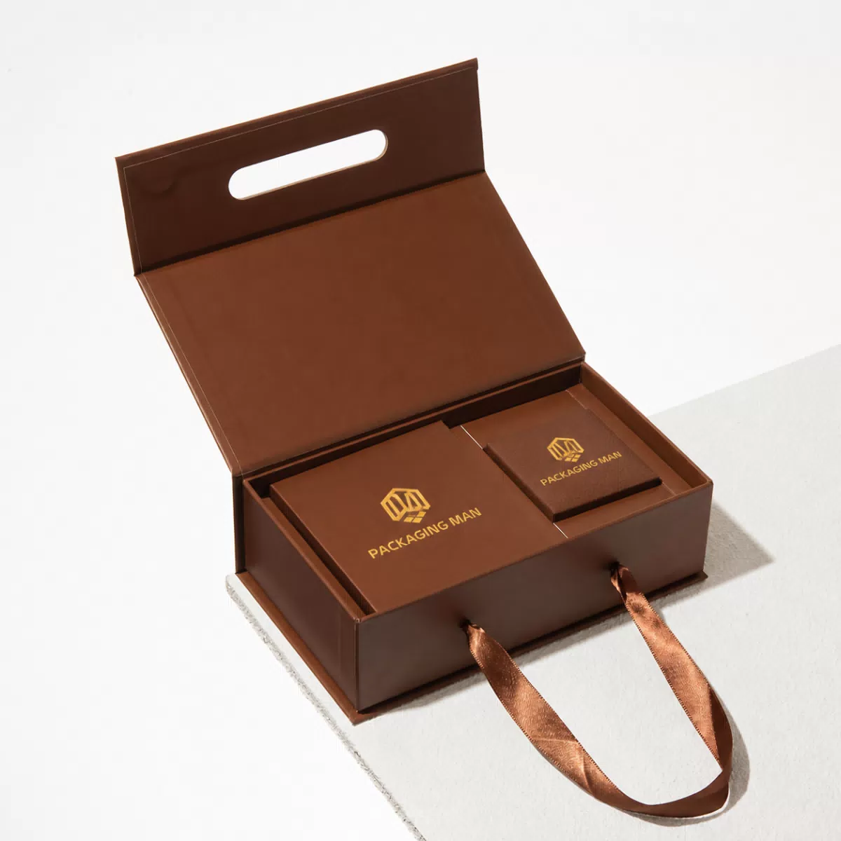 Brown rigid box with ribbon handle