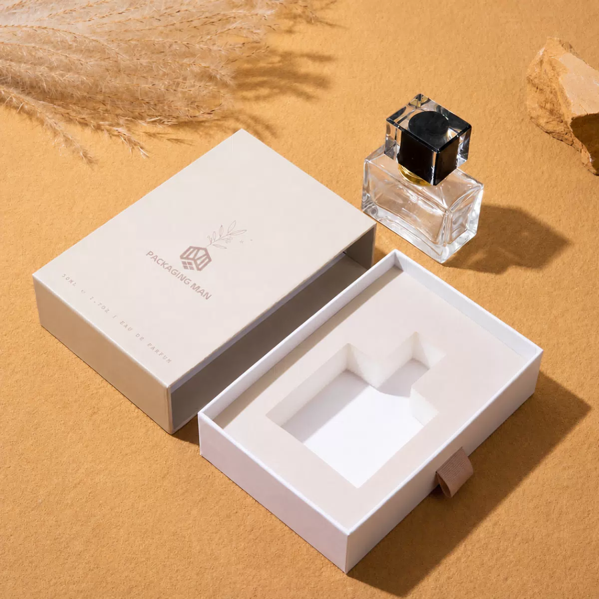 Minimalist white drawer box packaging detail