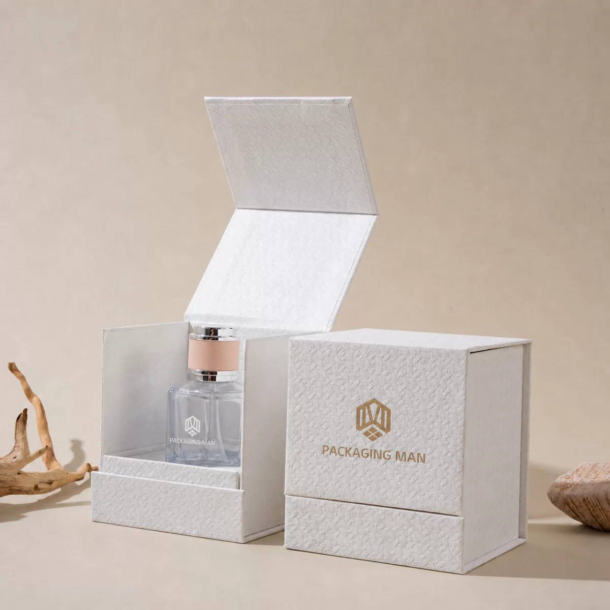 White rigid box packaging with open lid
