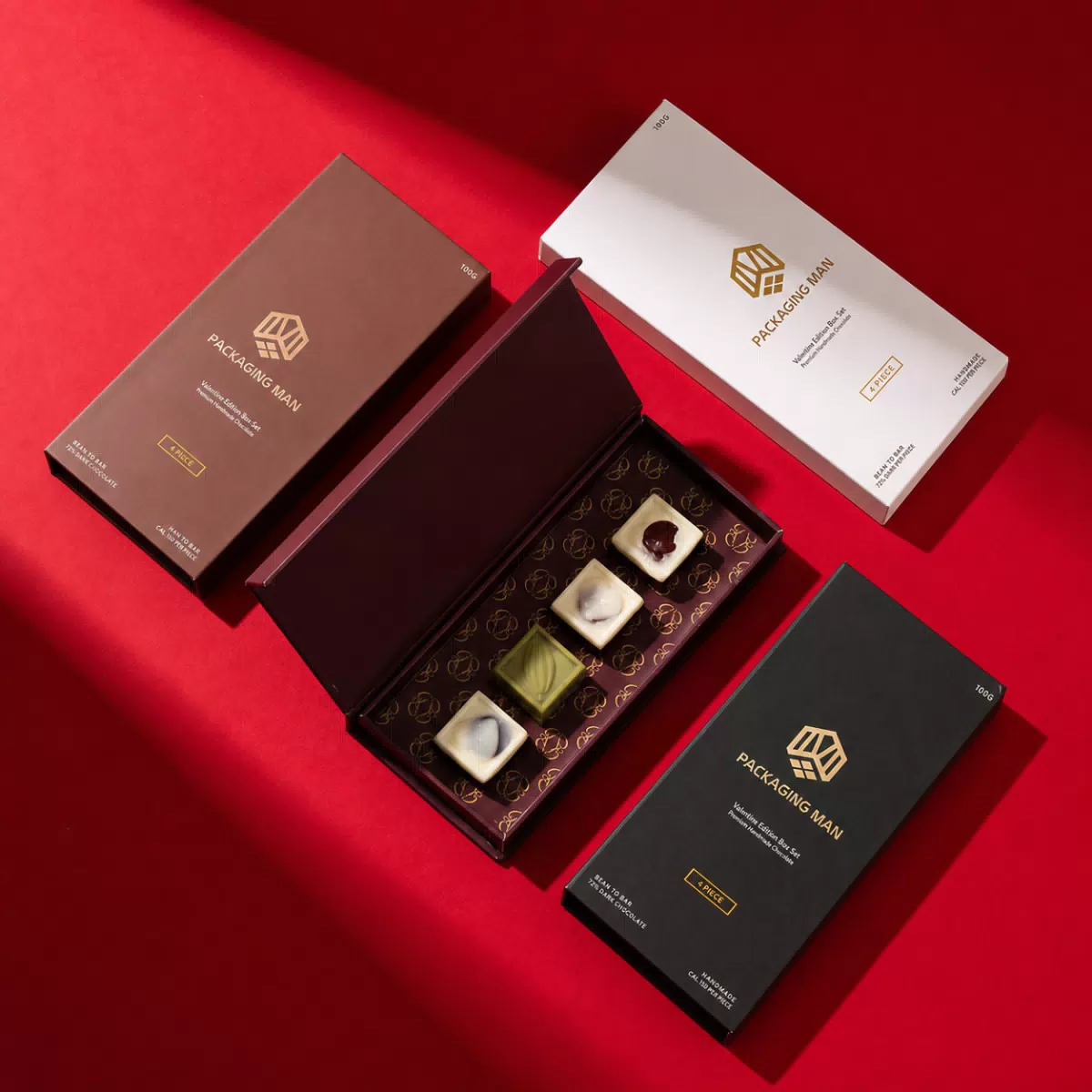 Open brown drawer gift box with chocolates