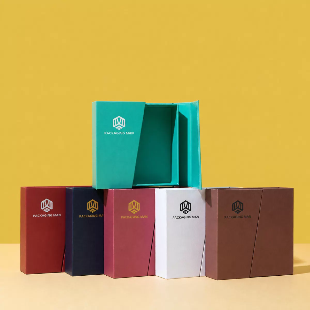 Teal rigid gift box with diagonal split design