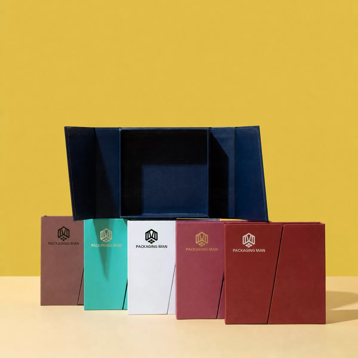 Navy blue rigid gift box packaging open view