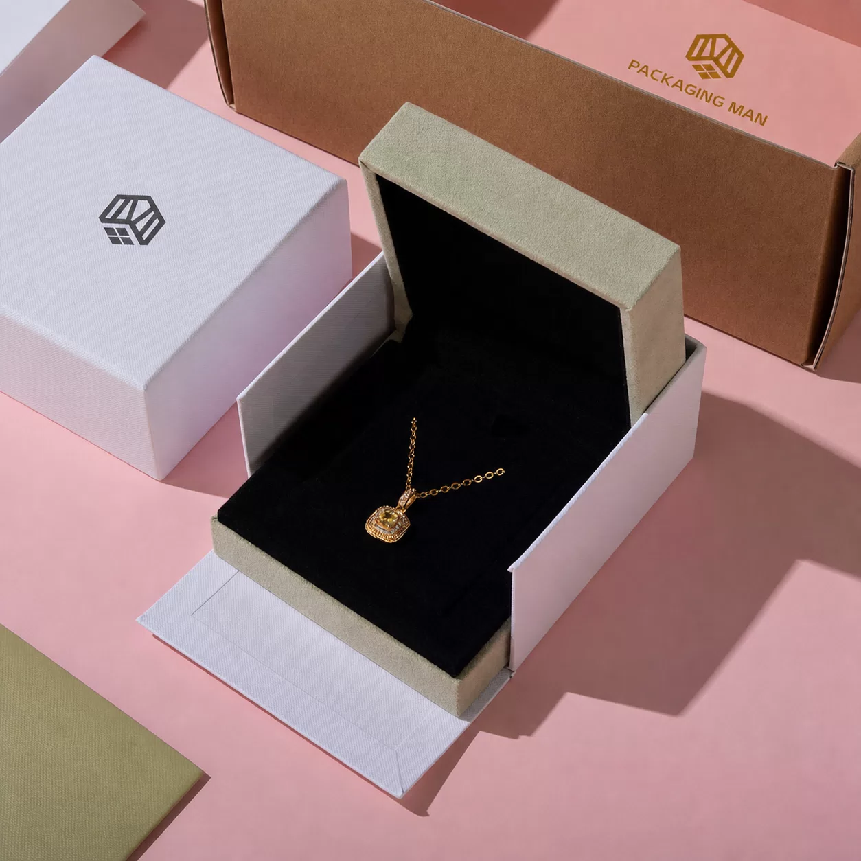 Open rigid gift box with necklace insert