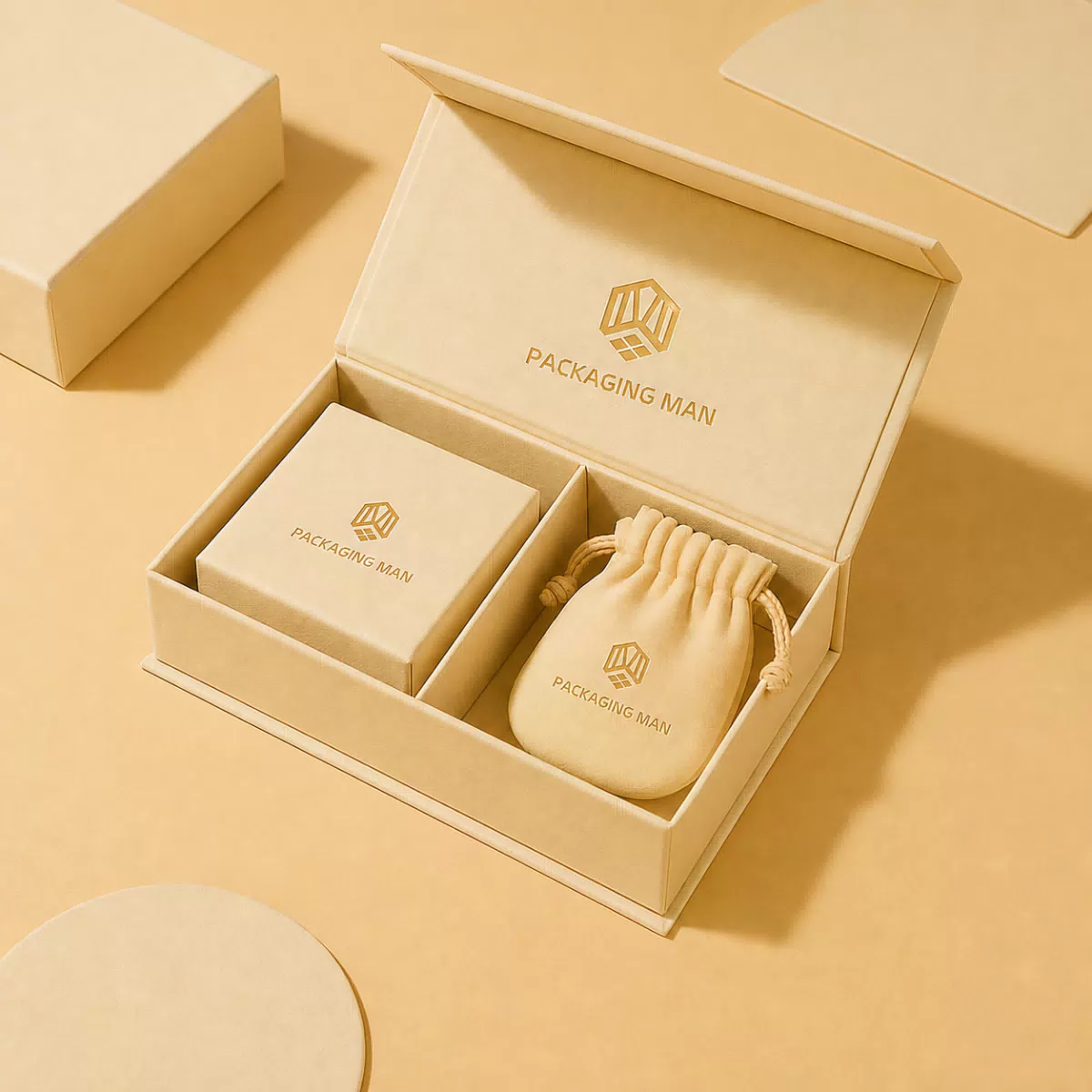 Beige rigid gift box packaging set