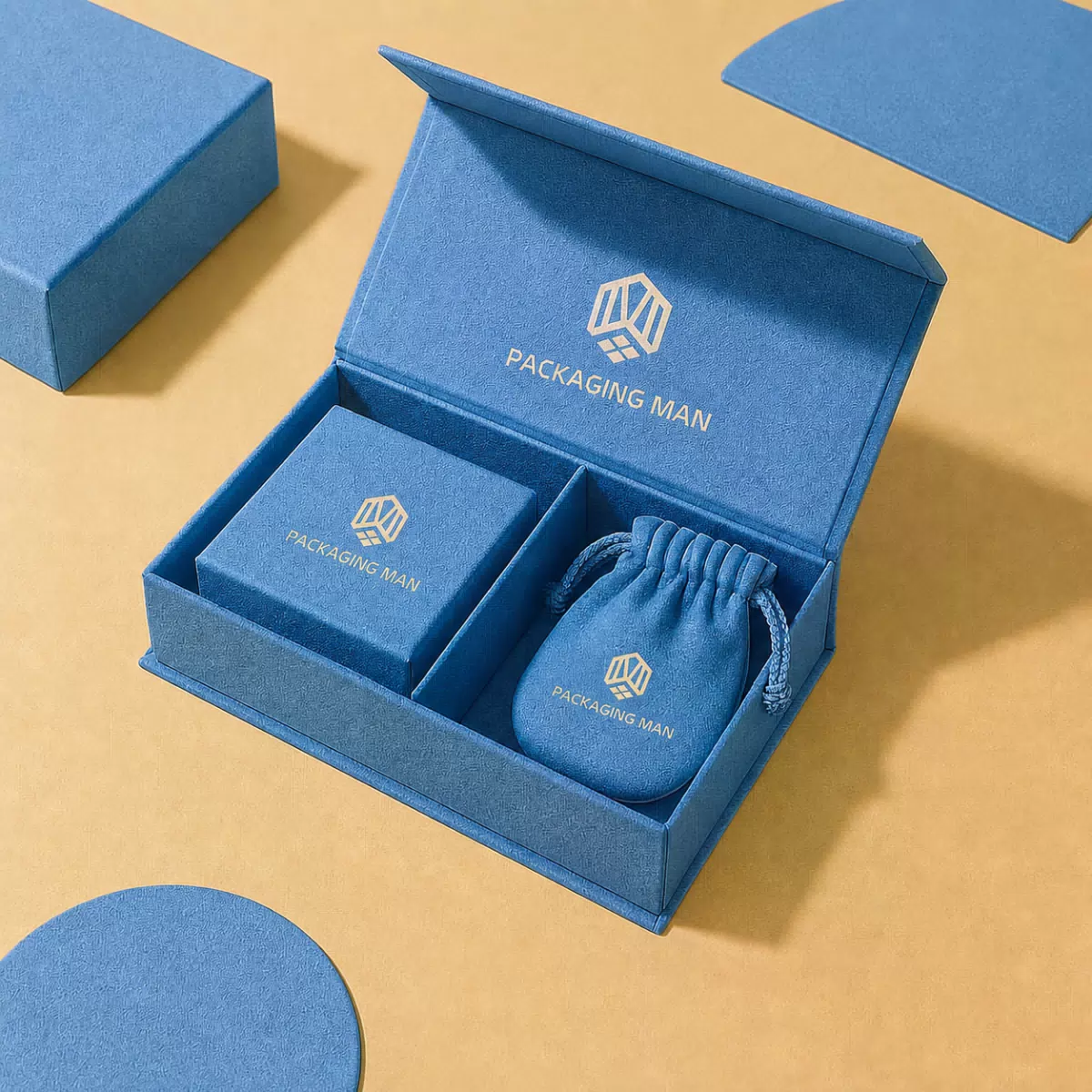 Blue rigid gift box packaging set