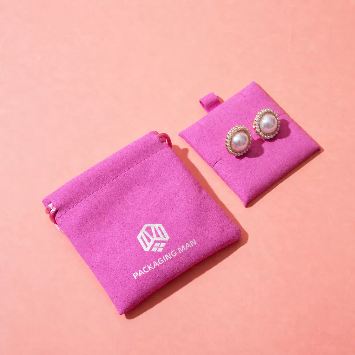 Pink velvet drawstring pouch packaging