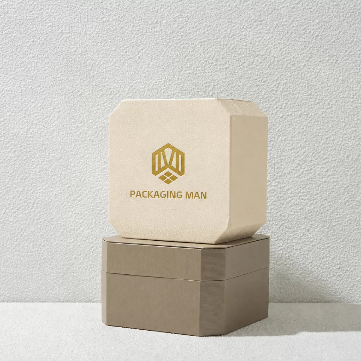Beige octagonal rigid gift box closed view