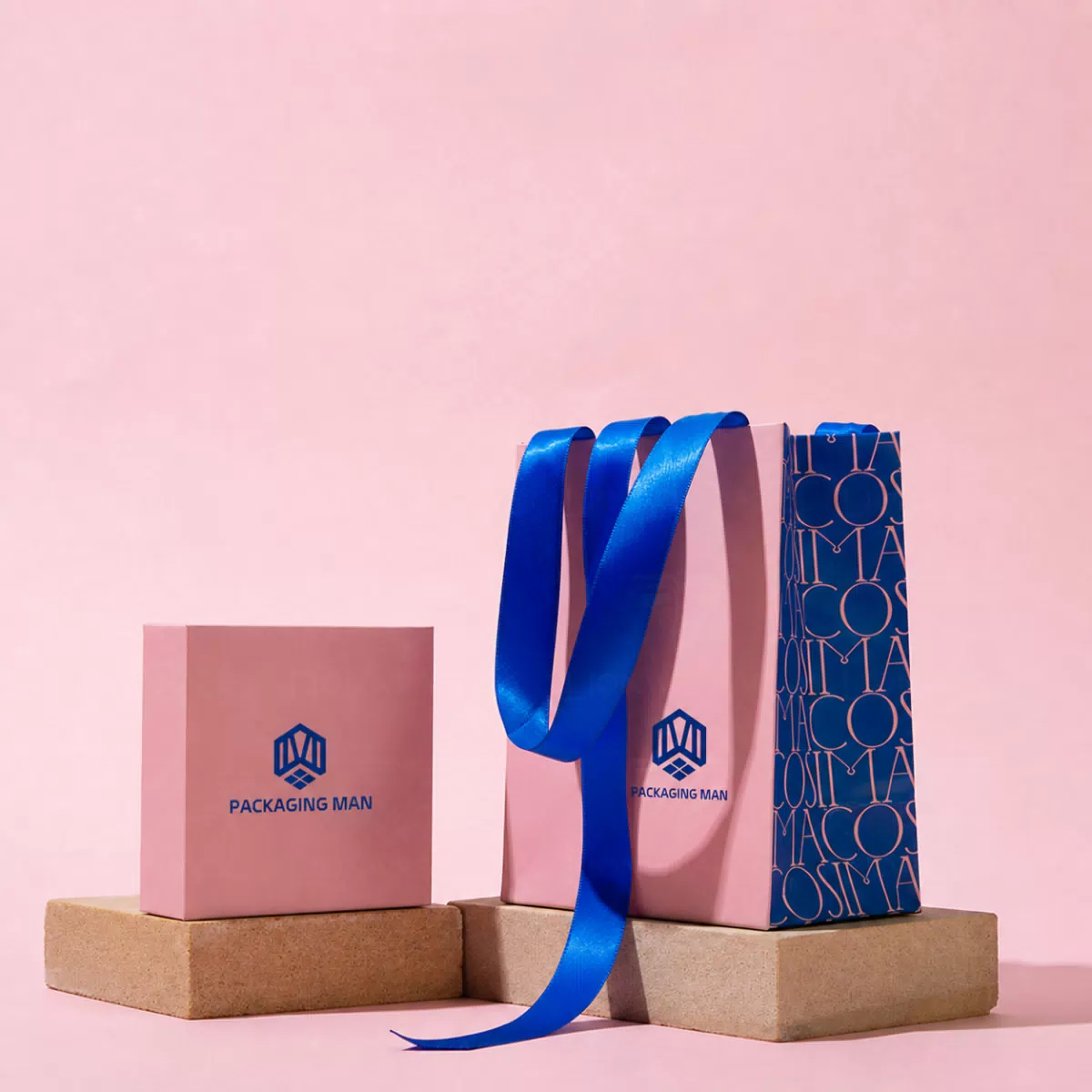 Pink rigid box and gift bag display