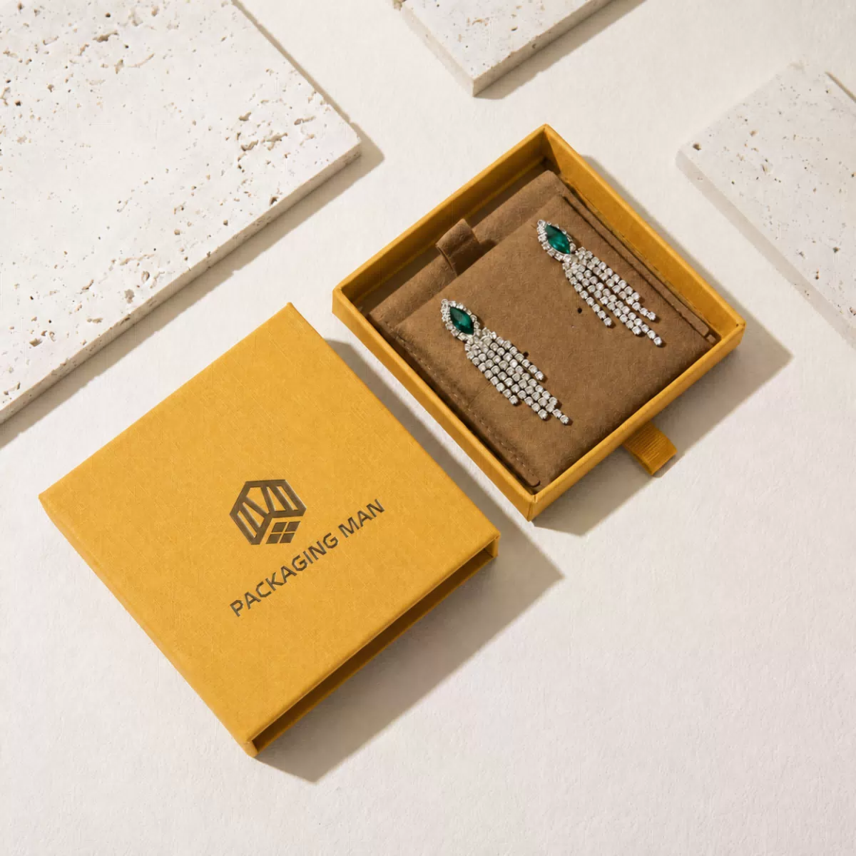 Yellow rigid drawer gift box open