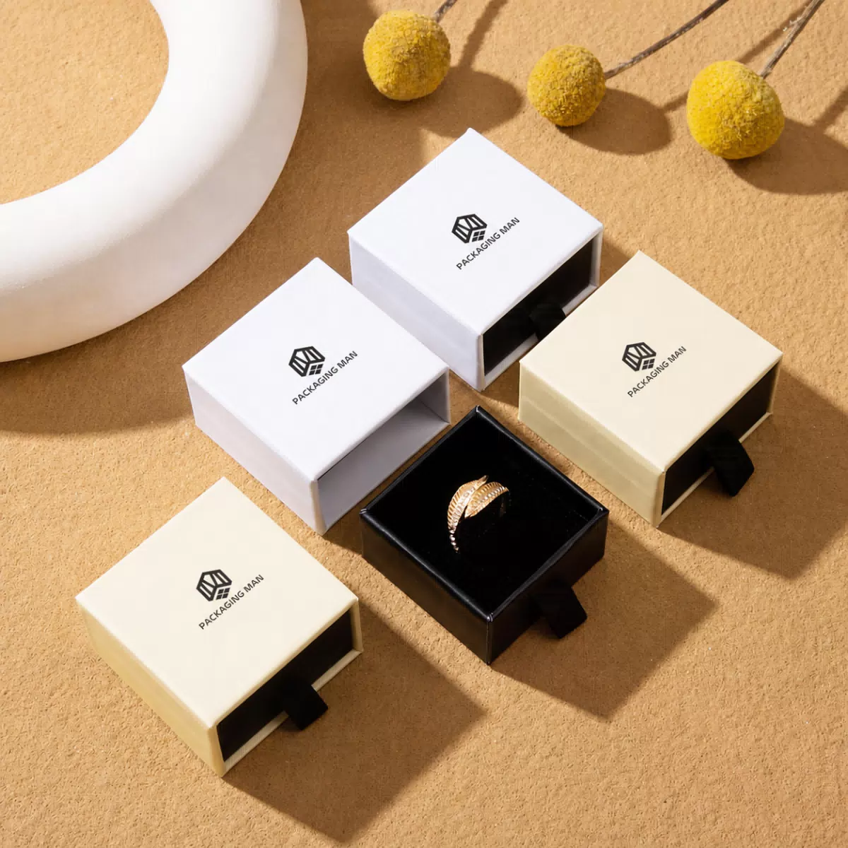 Open drawer box with ring inside
