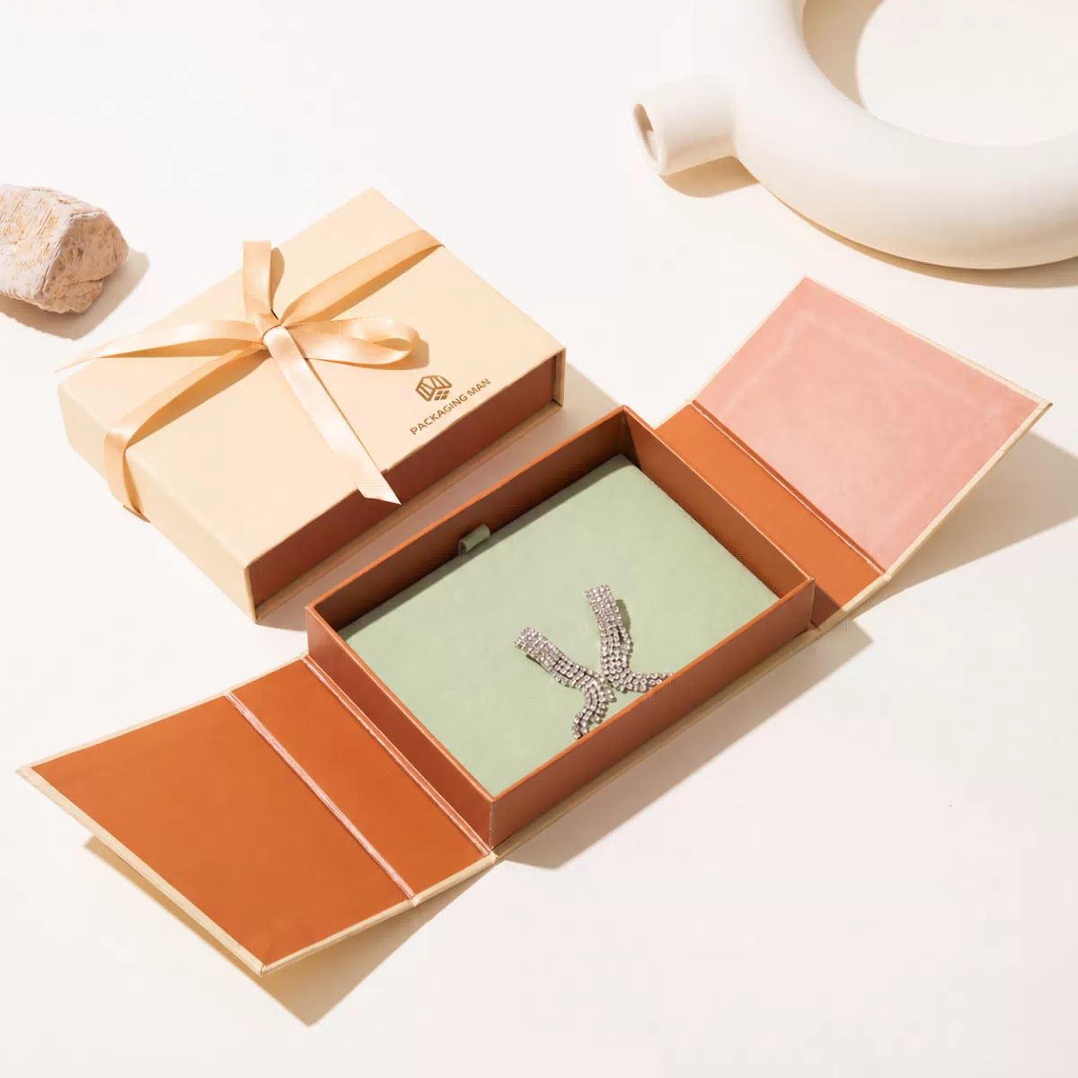 Beige rigid gift box with ribbon