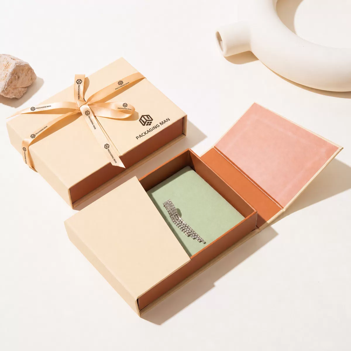 Open beige gift box with insert