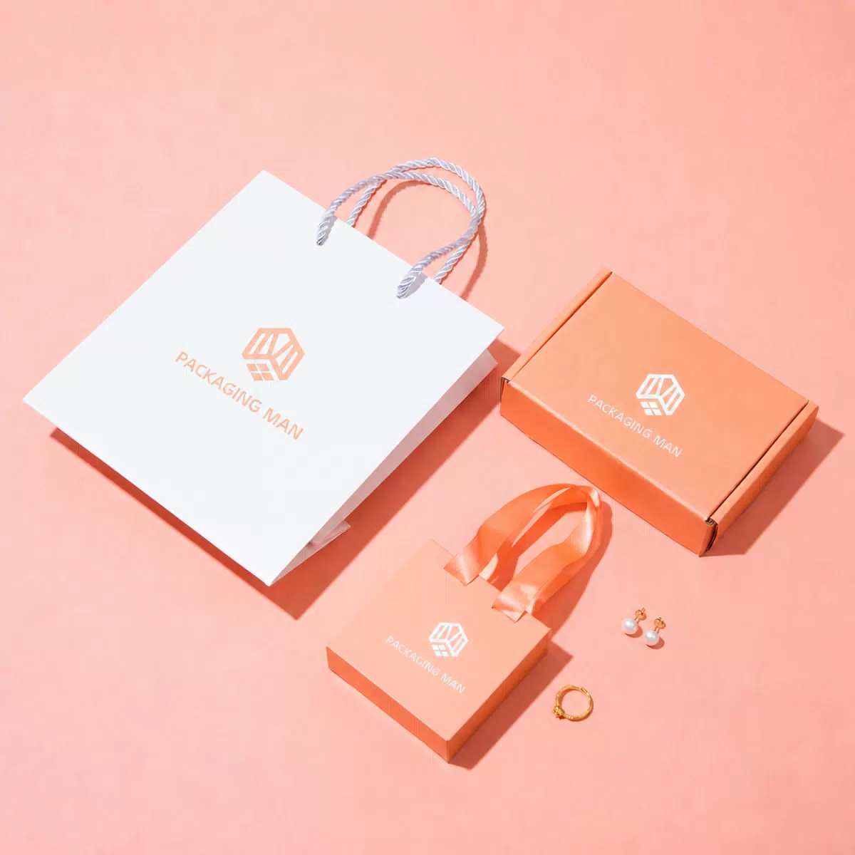 White paper bag and orange gift box set