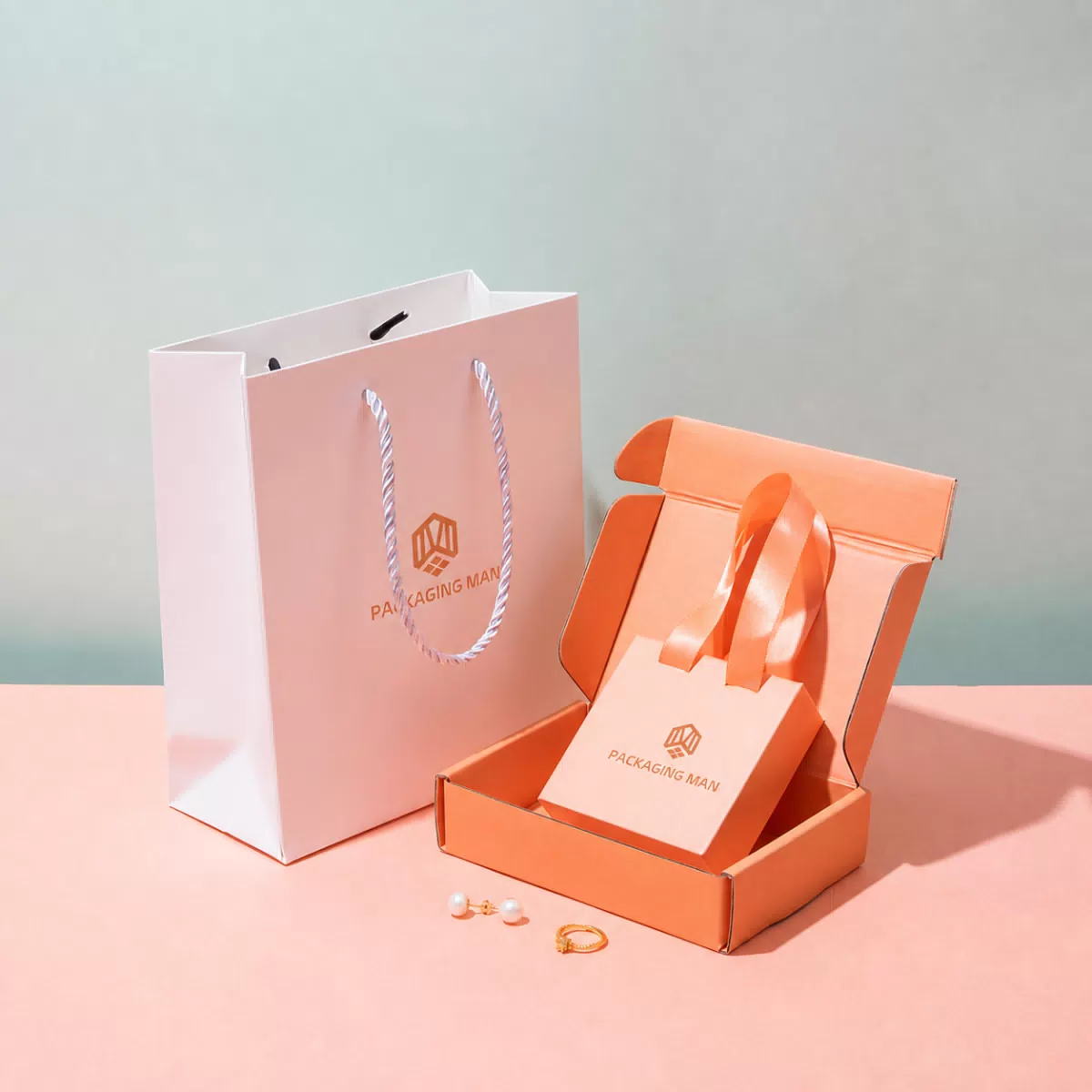 White shopping bag and orange packaging set
