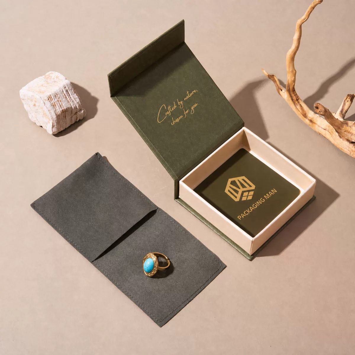 Open olive green rigid gift box with insert
