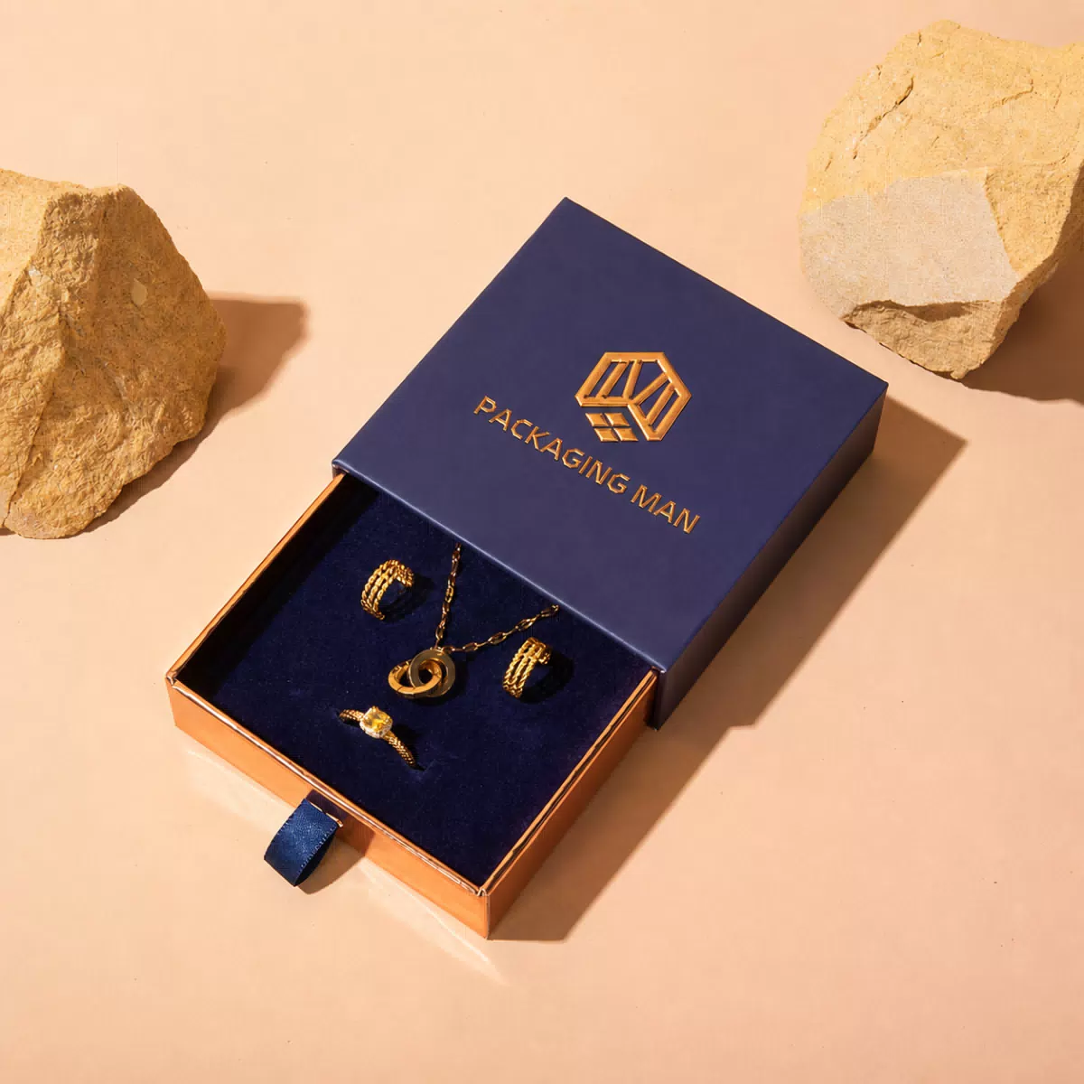 Custom Dark Blue Drawer Gift Box Packaging Set