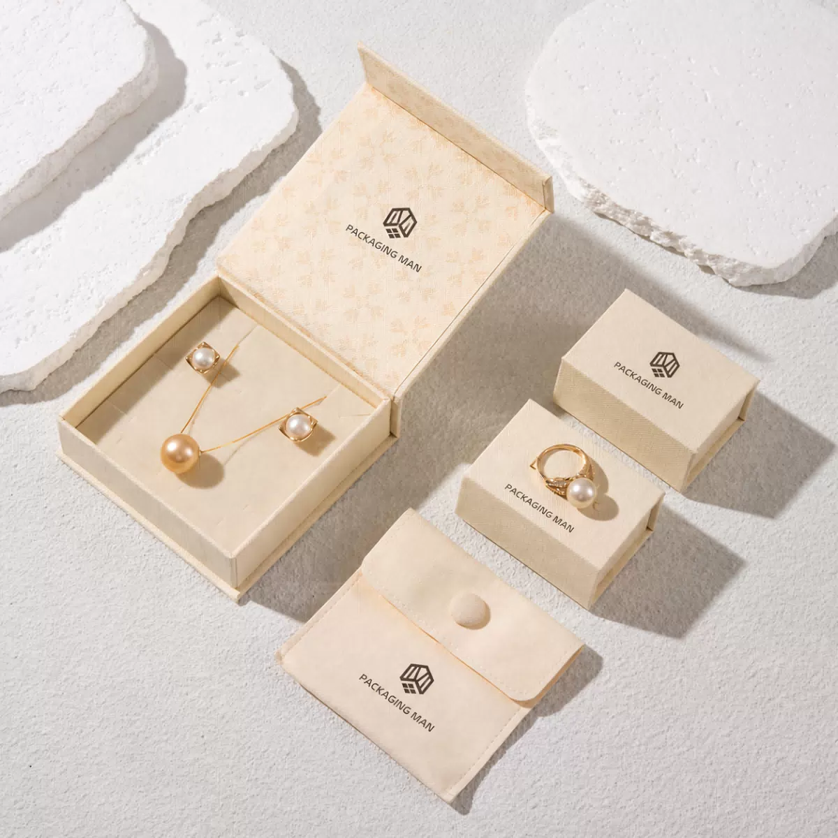 Open beige gift box with insert