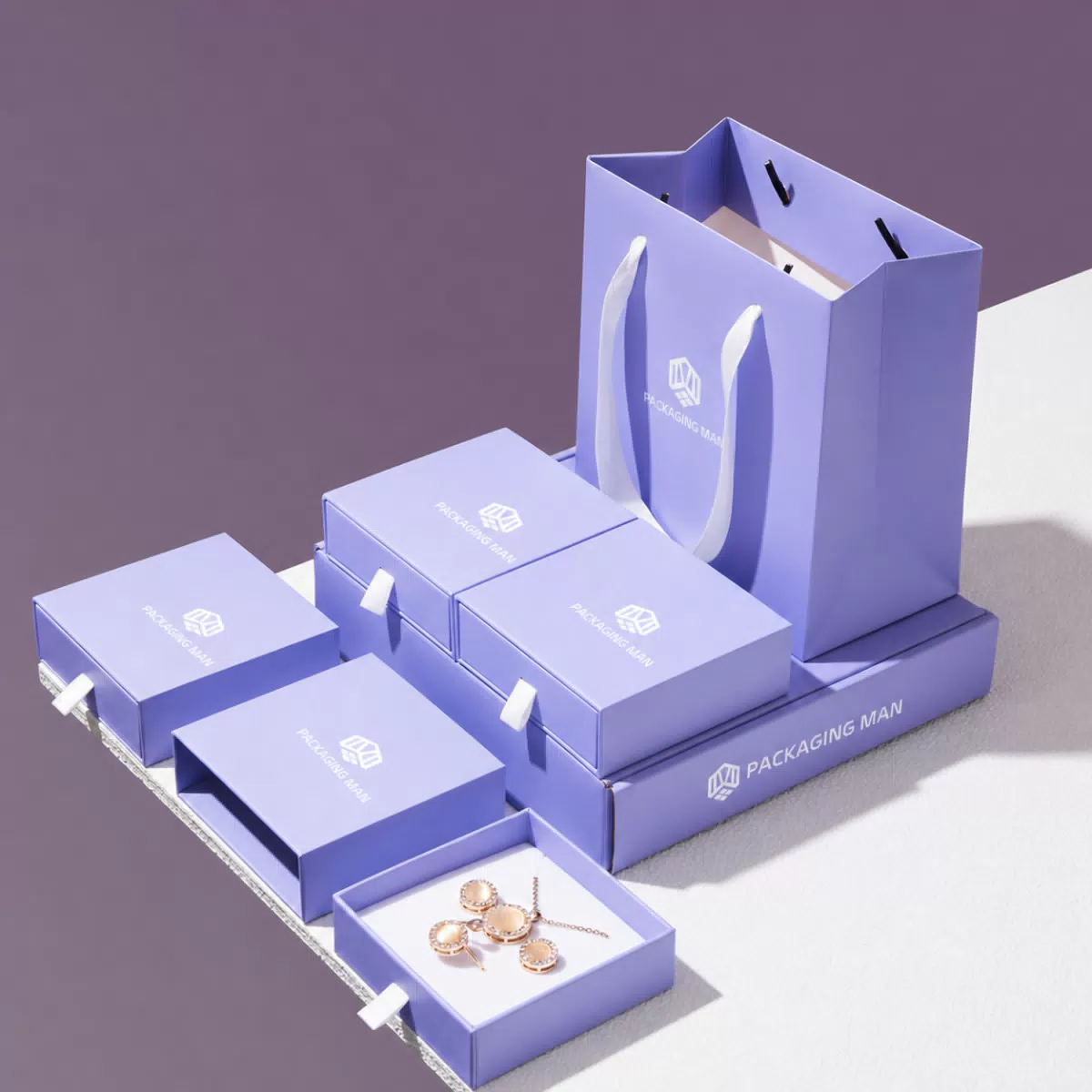 Purple drawer gift boxes and paper bag set